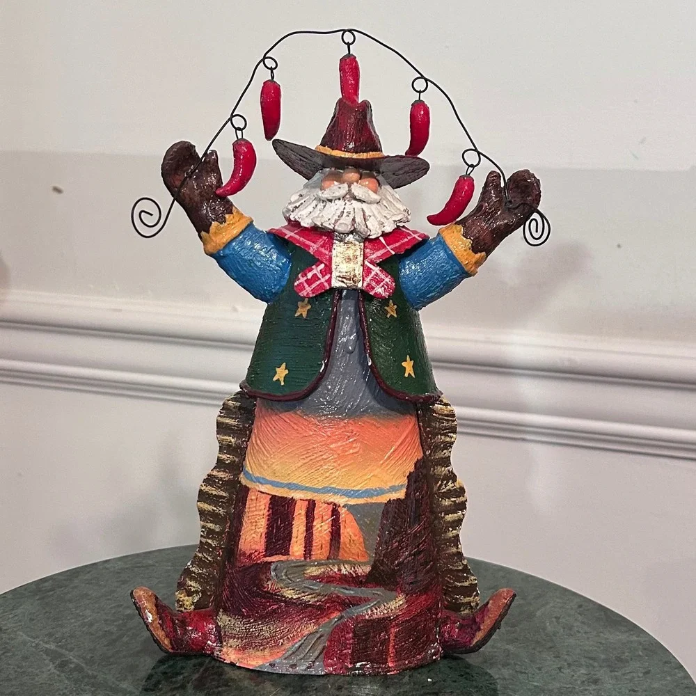 Southwestern Cowboy Santa Figurine Chili Peppers Canyon Landscape Rustic Decor